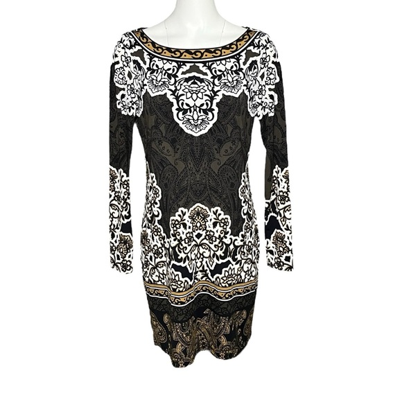 Hale Bob Sheath Dress Long Sleeve Boho Floral Brown Gold Boat Neck Size Medium - Picture 8 of 8